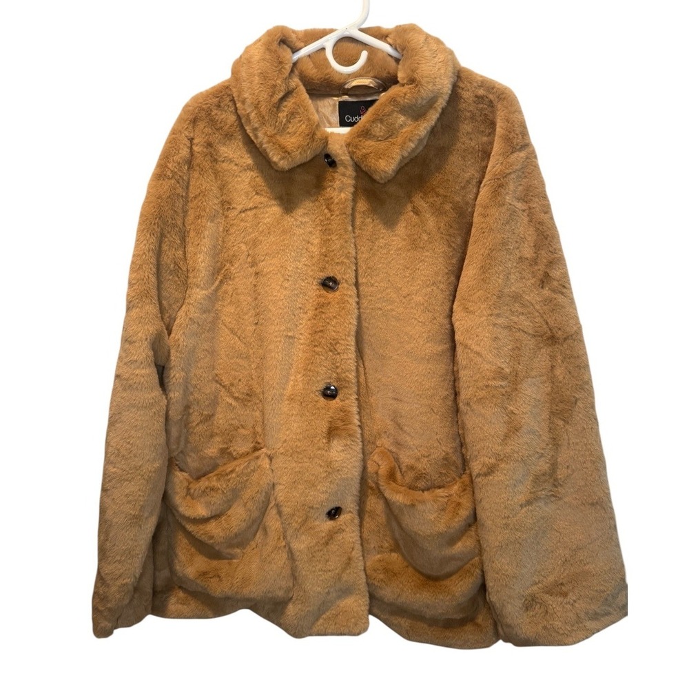 Cuddl Duds Womens Tan Plush Faux Fur Shirt Jacket Button Front Pockets 3X NEW